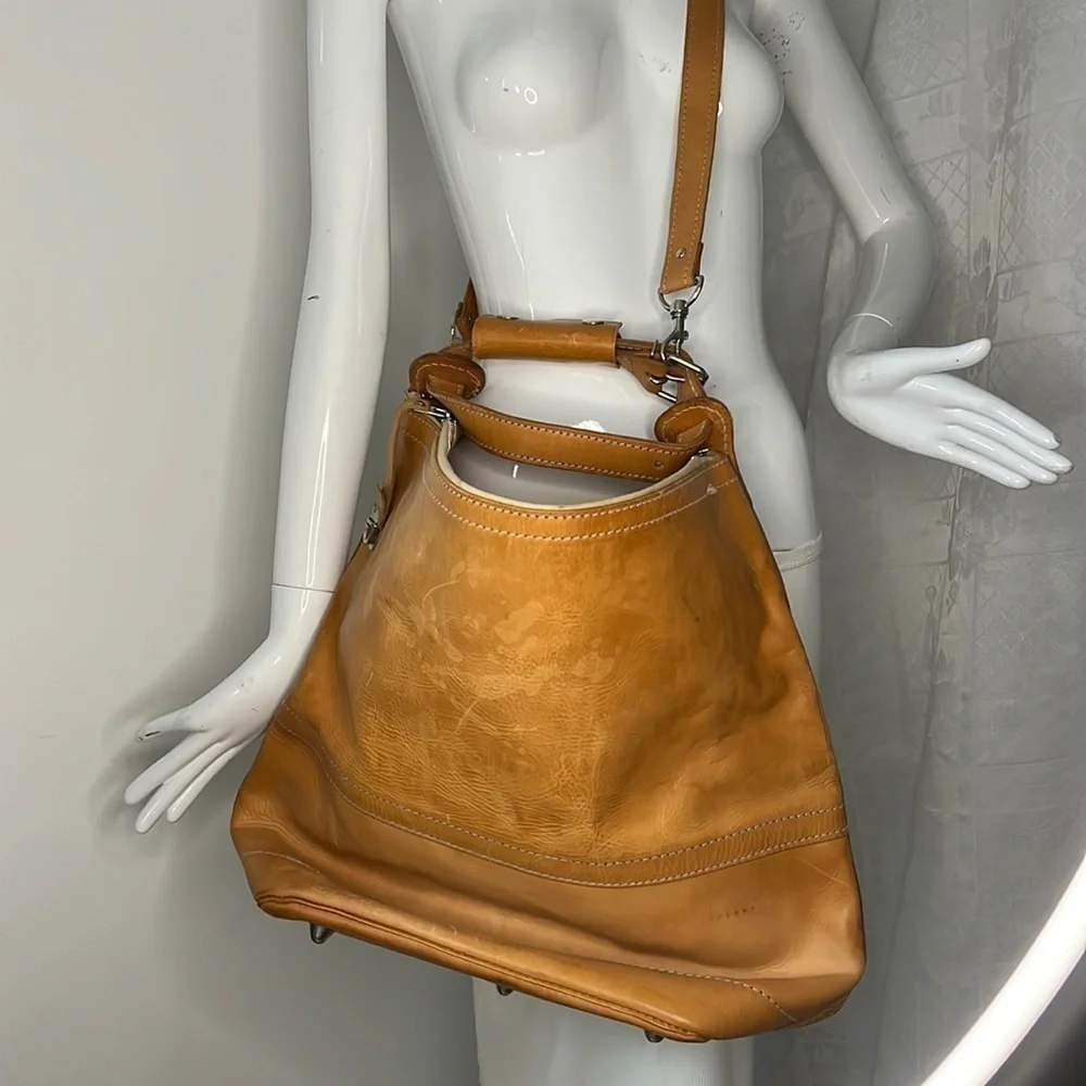 Large Tall Belting Leather Zip Tongue Groove Closure Hand Crossbody Bucket Bag